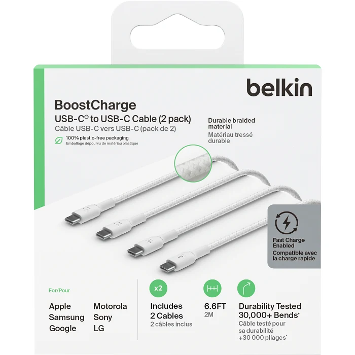 USB-C to USB-C 2m dubbelpack vit Belkin