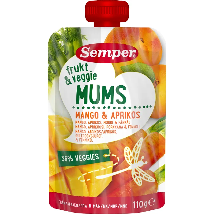 Barnmat Frukt & veggie mums mango, aprikos 6m 110g Semper