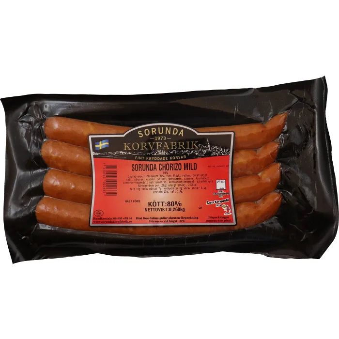 Chorizo Mild Smal 80% Kötthalt 260g Sorunda Korvfabrik