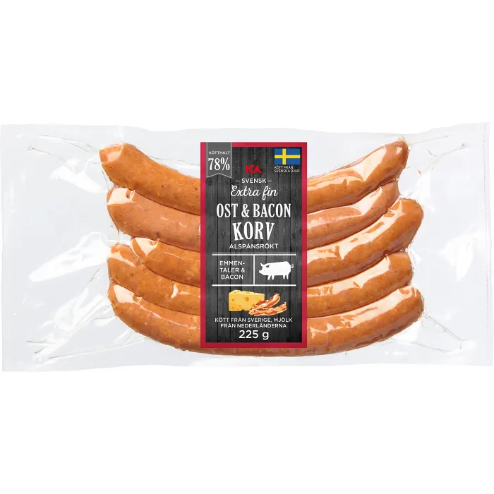 Grillkorv Ost & Bacon Extra Fin 78% Kötthalt 225g ICA