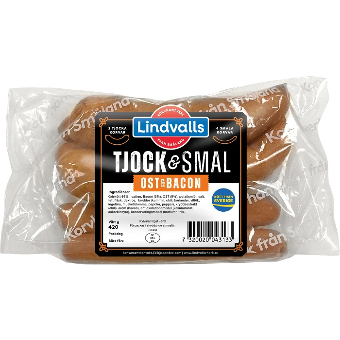 Grillkorv Ost & Bacon 2 Tjocka & 4 Smala 420g Lindvalls