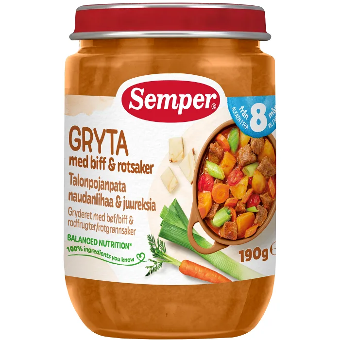 Gryta med biff & rotsaker 8m 190g Semper