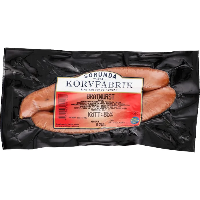 Bratwurst 85% Kötthalt 240g Sorunda Korvfabrik