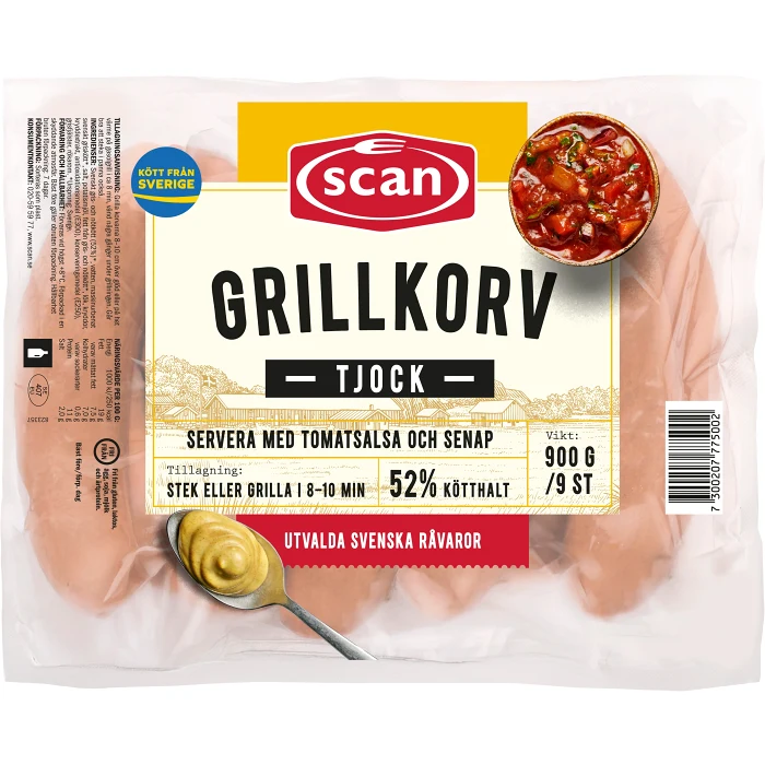 Grillkorv Tjock 52% Kötthalt 900g Scan
