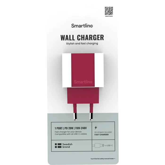 Mobilladdare USB-C 20W PD vinröd Smartline
