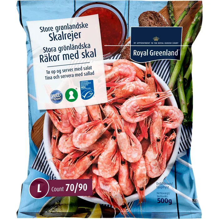 Räkor med skal 70-90st/kg Fryst 500g Royal Greenland