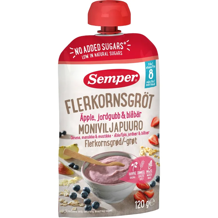 Flerkornsgröt äpple & jordgubb 8m 120g Semper