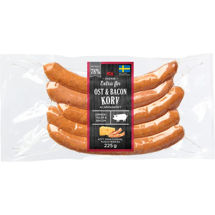 Grillkorv Ost och Bacon Extra Fin 78% Kötthalt 225g ICA