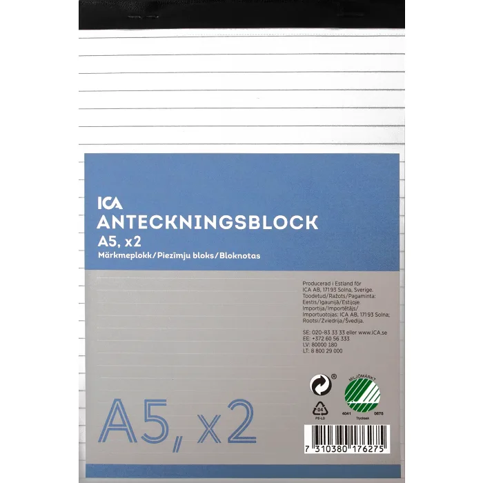 Anteckningsblock A5 2p linjerat ICA Home