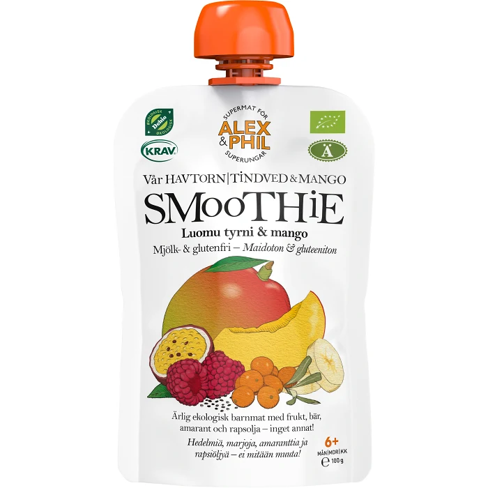 Barnmat Smoothie havtorn & mango Klämmis 6m 100g KRAV Alex & Phil