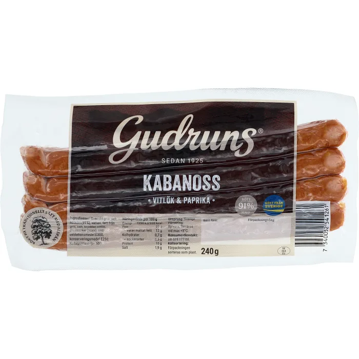 Kryddkorv Kabanoss 91% Kötthalt 240g Gudruns
