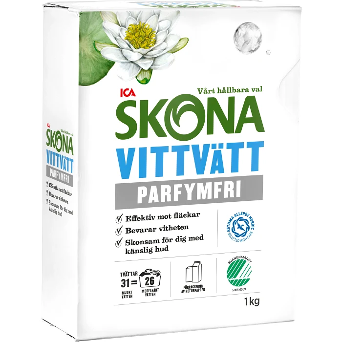 Tvättmedel Vittvätt Parfymfri 1kg Miljömärkt ICA Skona