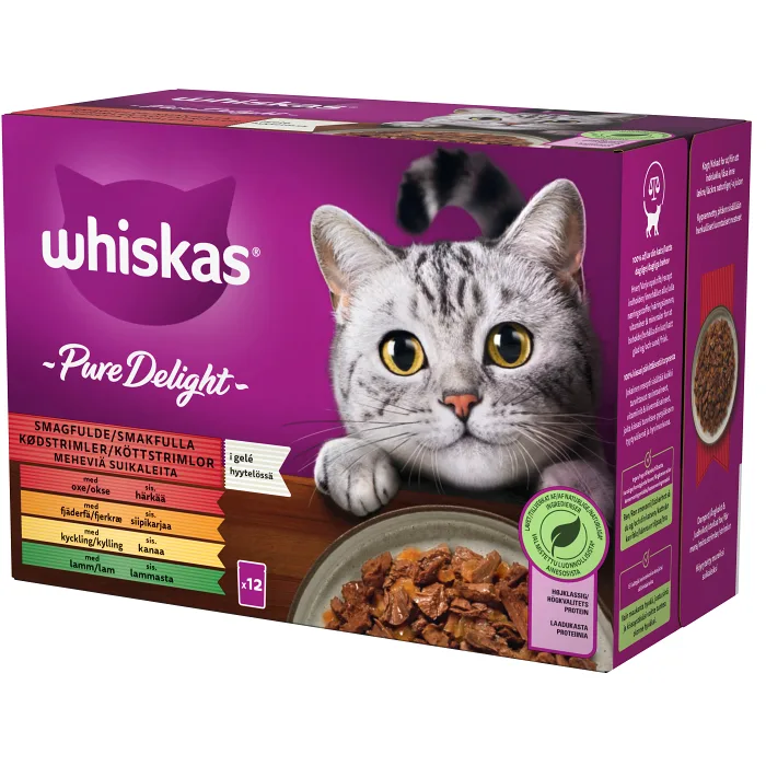 Kattmat Pure Delight smakfulla köttstrimlor i gele 1+ 12-p Whiskas