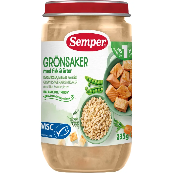 Barnmat Grönsaker med fisk & ärtor 1år 235g Semper