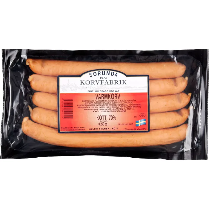 Varmkorv 70% kötthalt 260g Sorunda Korvfabrik
