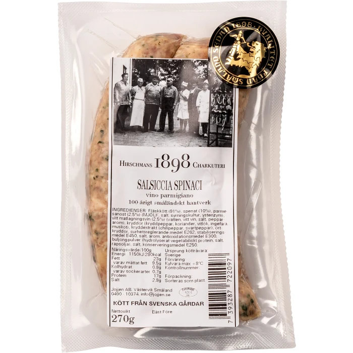 Kryddkorv Salsiccia Spinaci Vino parmigiano 270g Hirschmans Charkuteri