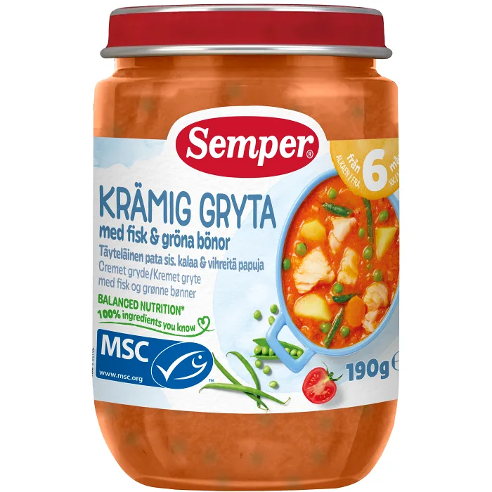 Barnmat Krämig gryta med fisk & gröna bönor 6m 190g Semper