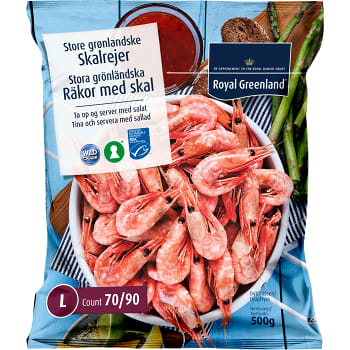Räkor med skal 70-90st/kg Fryst 500g Royal Greenland