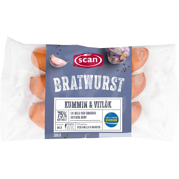 Bratwurst Kummin &amp; Vitlök 75% Kötthalt 300g Scan