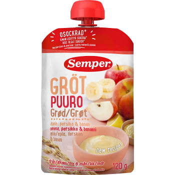 Gröt med äpple & persika Klar att äta Från 6m 120g Semper