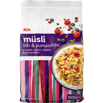 Müsli Tranbär hallon blåbär & pumpafrön 500g ICA