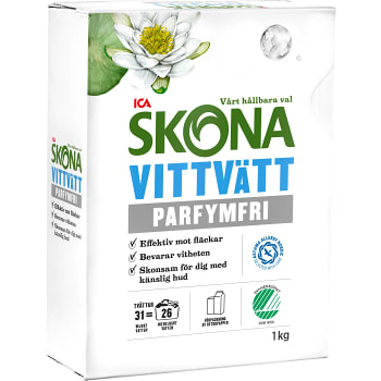 Tvättmedel Vittvätt Parfymfri 1kg Miljömärkt ICA Skona