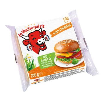 Hamburgerost Cheddar skivad 200g Den skrattande kon