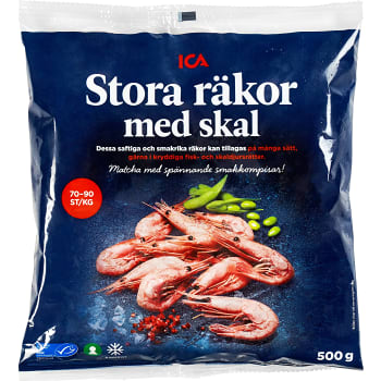 Stora räkor med skal 70-90st/kg Fryst 500g ICA