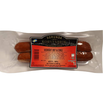 Grillkorv Vedrökt Ost &amp; Chili 200g 78% Kötthalt Sorunda Korvfabrik