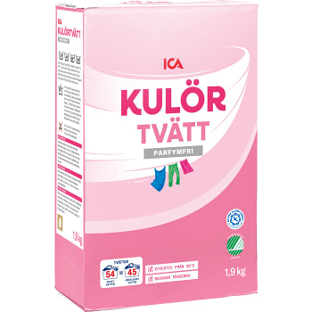 Tvättmedel Kulörtvätt Pulver Parfymfri 1,9kg Miljömärkt ICA