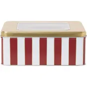 Plåtburk röd/vit randig 8,4x15,5x20,7cm ICA.