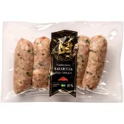 Kryddkorv Salsiccia Spinaci vino parmigiano 91% Kötthalt 230g Hirschmans Charkuteri