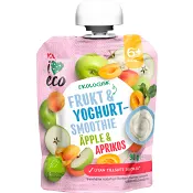 Frukt & Yoghurtsmoothie äpple &amp; aprikos 6m 90g ICA I love eco