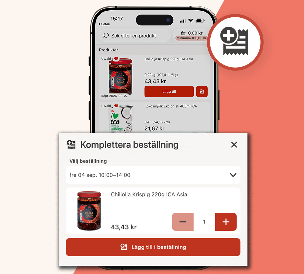 Skärmbild som visar komplettera beställning i appen