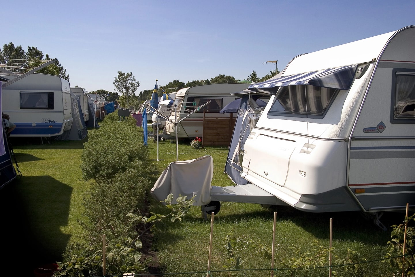 Närbild på husvagn på campingplats där fler husvagnar står i bakgrunden.