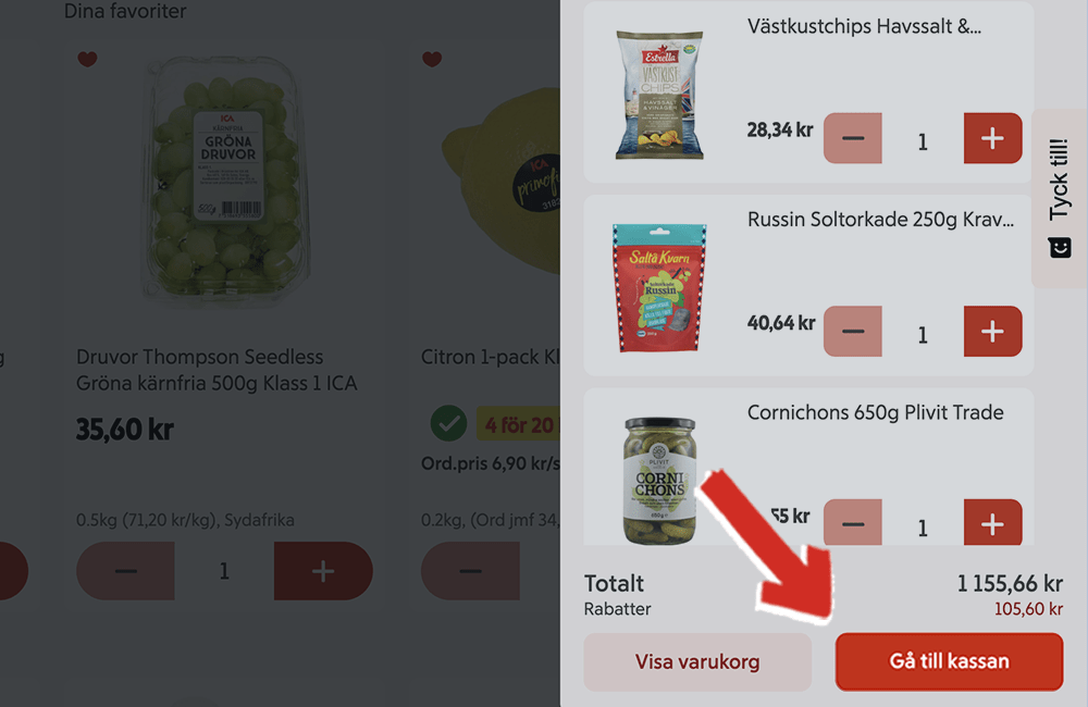Varukorgen med knappen Gå till kassan