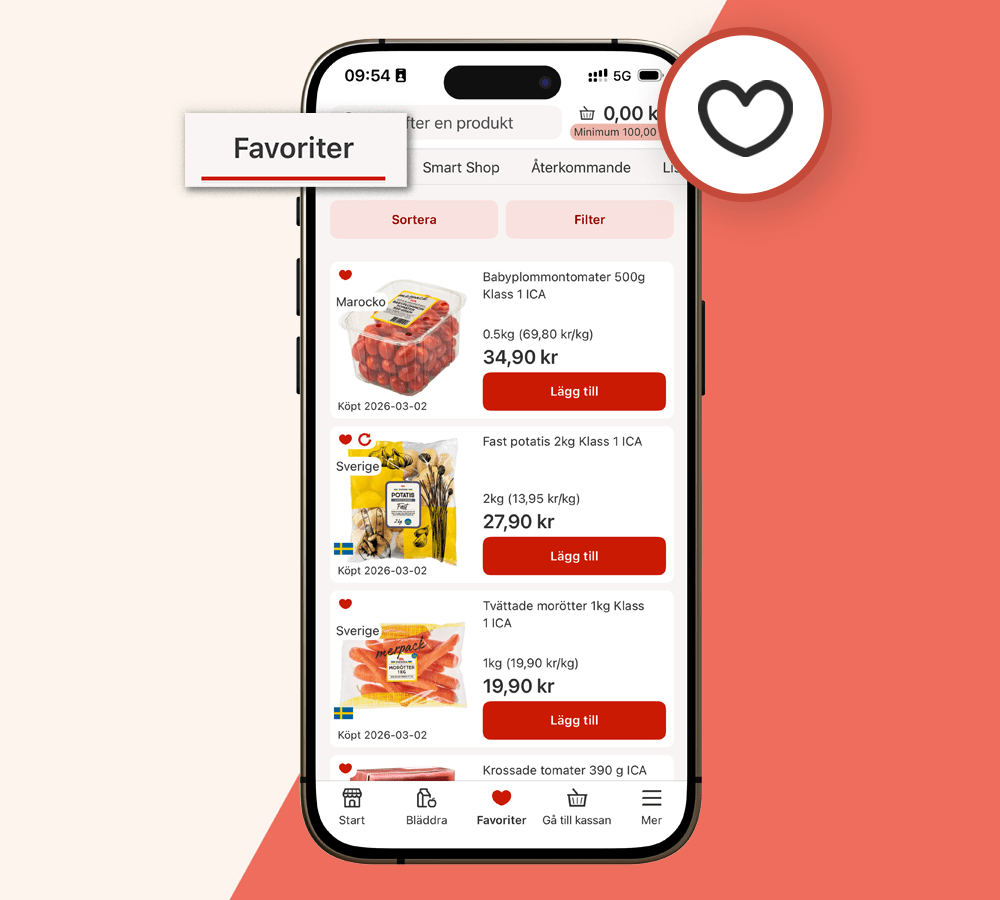 Skärmbild av favoritvaror i appen