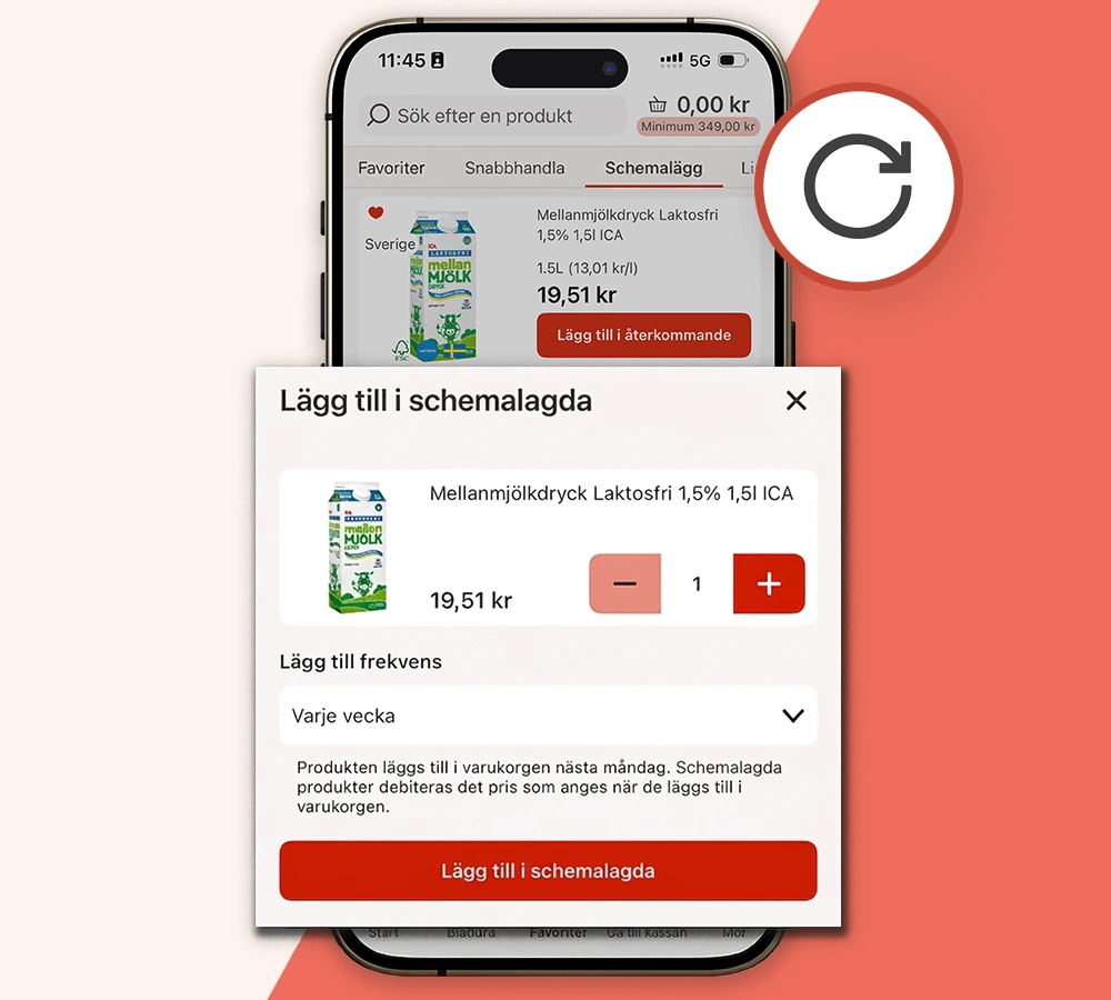 Skärmbild av schemalagda varor i appen
