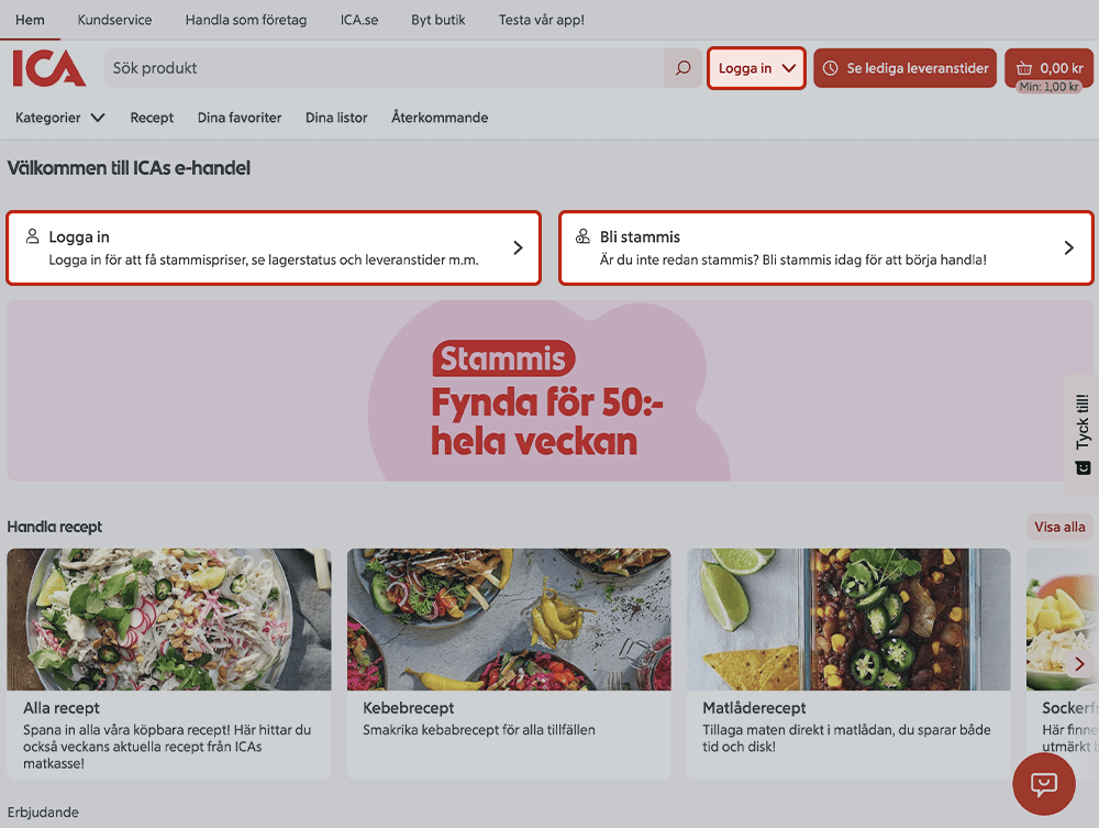 Inloggning och registrering i ICA:s e-handel