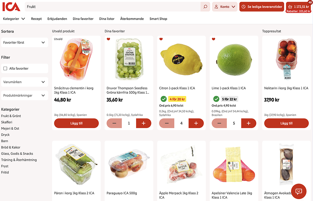 Produktsida där varor läggs i varukorgen