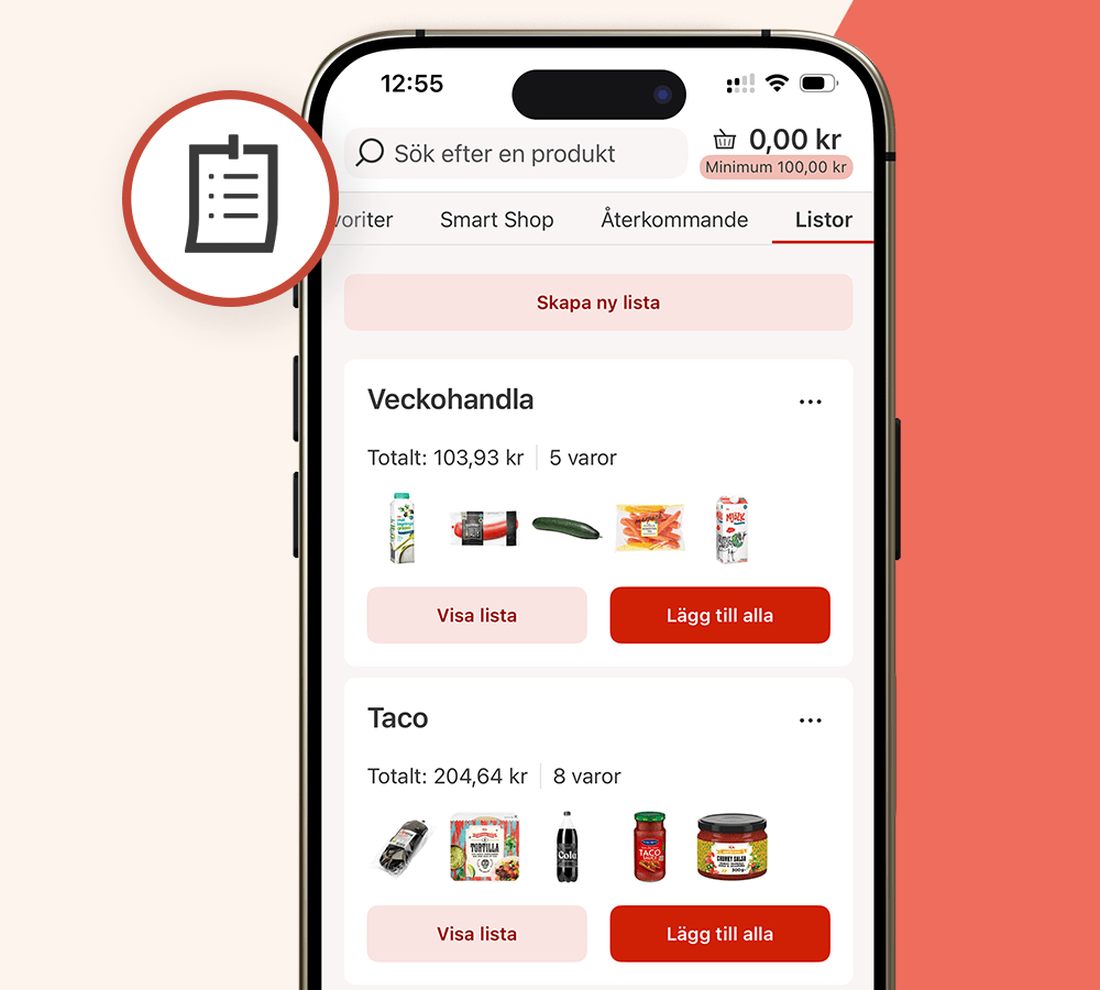 Skärmbild av inköpslistor i appen