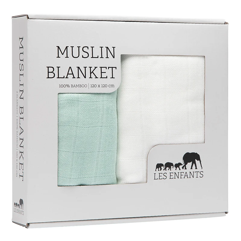 Les Enfants Muslin Blanket 2-pack Grön/Vit - Babyfiltar