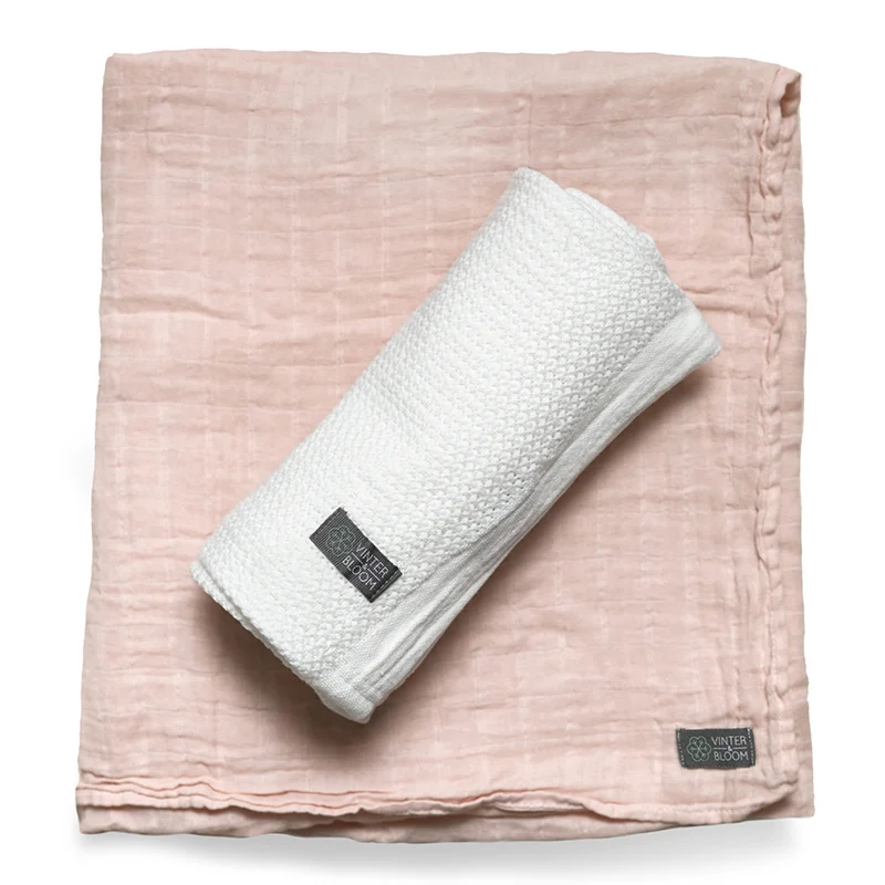 Vinter & Bloom Filt Soft Grid + Muslin EKO White/Dusty Rose - Babyfiltar