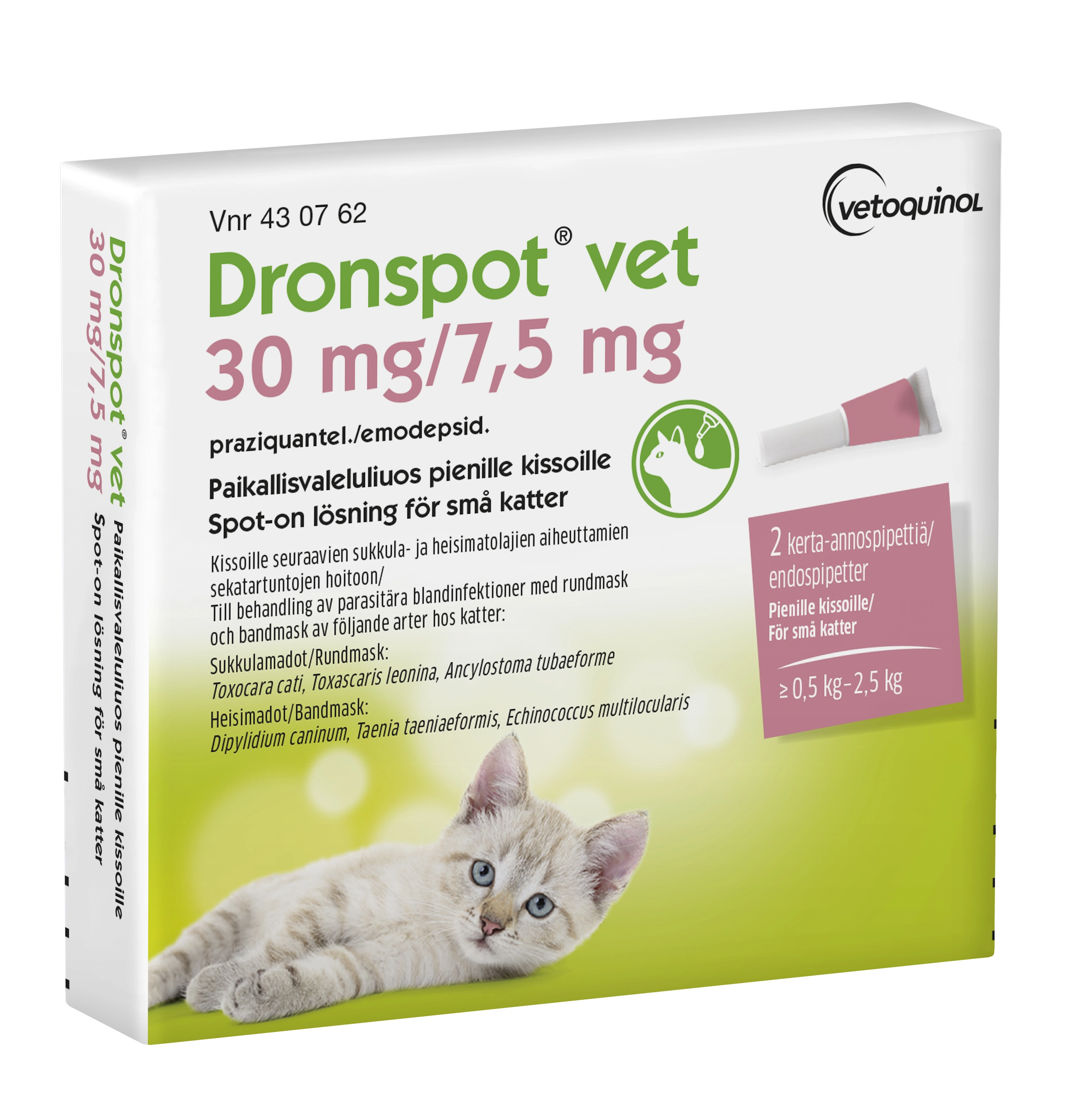 Dronspot vet Spot-on, lösning 30mg/7,5mg Pipett i blisterförpackning, 2st (2x0,35ml) - Avmaskning för katt