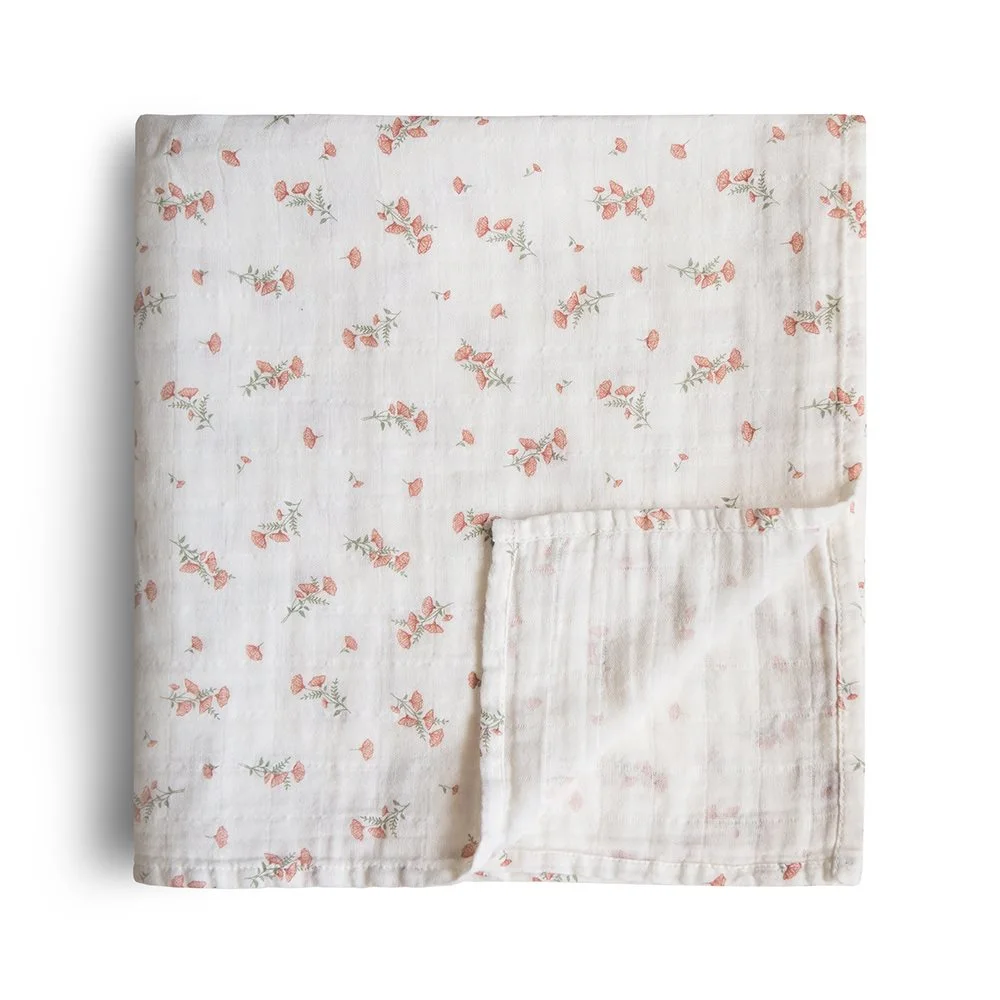 Mushie Muslin Swaddle Pink Flowers - Babyfiltar