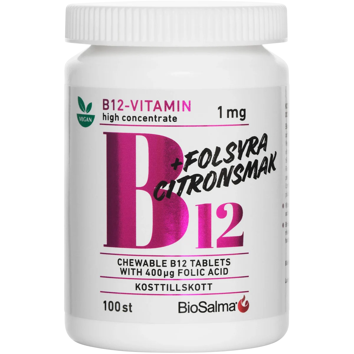 BioSalma B12-vitamin 1 mg + Folsyra 100 st tuggtabletter
