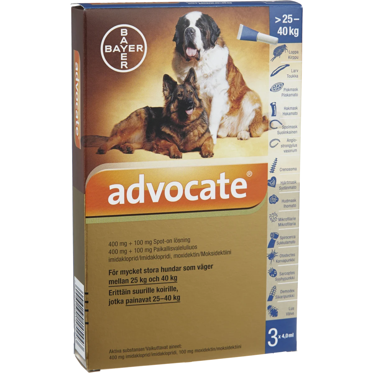 Advocate® för mycket stora hundar Spot-on, lösning 400mg/100mg Dospipett, 3st (4ml)