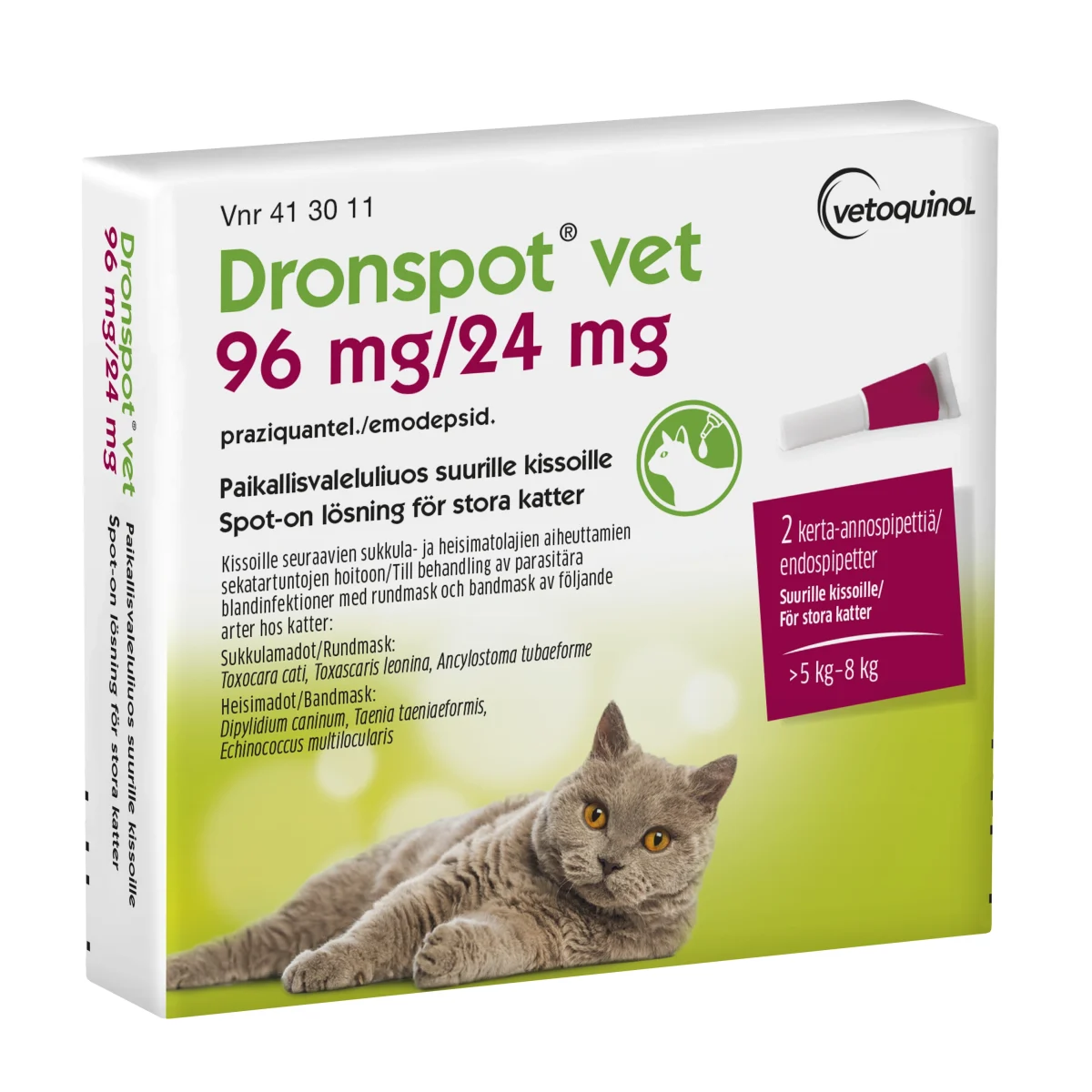 Dronspot vet Spot-on, lösning 96mg/24mg Pipett i blisterförpackning, 2st (2x1,12ml)