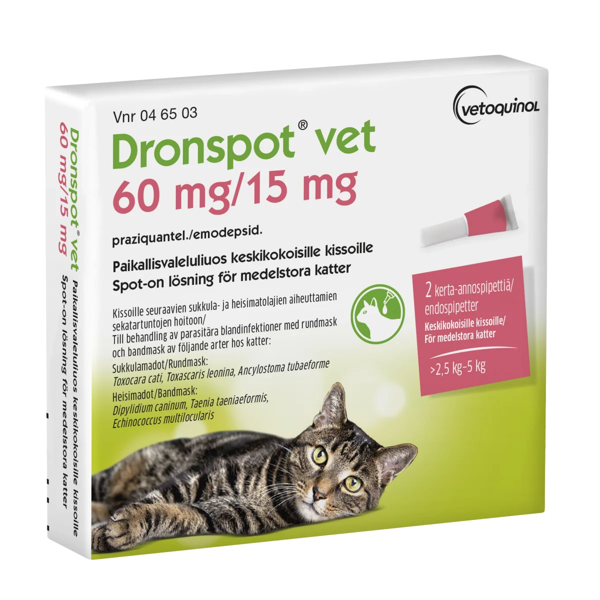 Dronspot vet Spot-on, lösning 60mg/15mg Pipett i blisterförpackning, 2st (2x0,70ml)