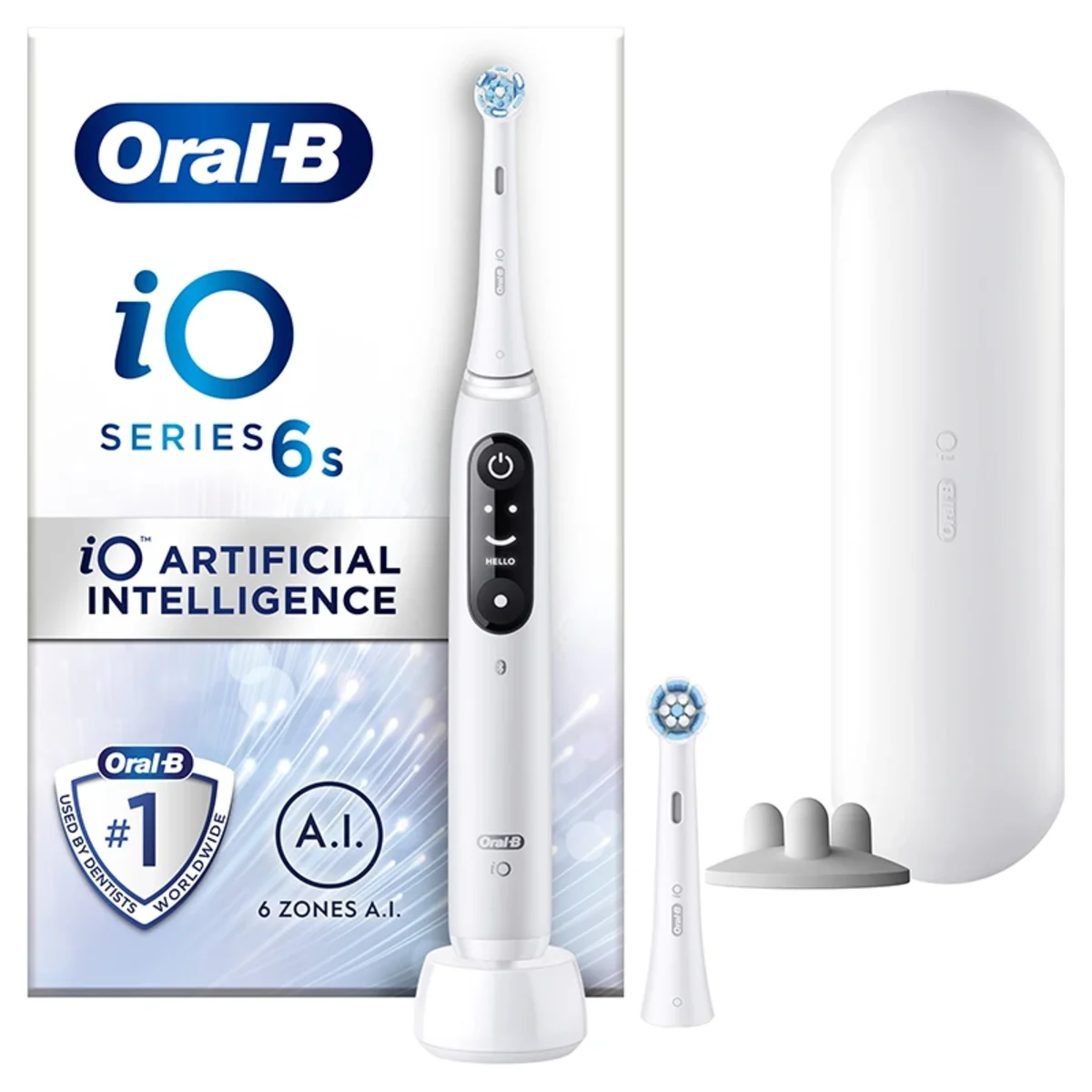 Oral-B iO6 Eltandborste Vit, 2 Borsthuvuden + Resefodral